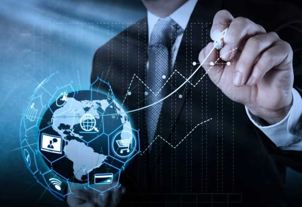 Digital strategy consulting concept featuring a consultant analyzing global market data, business growth trends, and international trade performance on a high-tech dashboard.