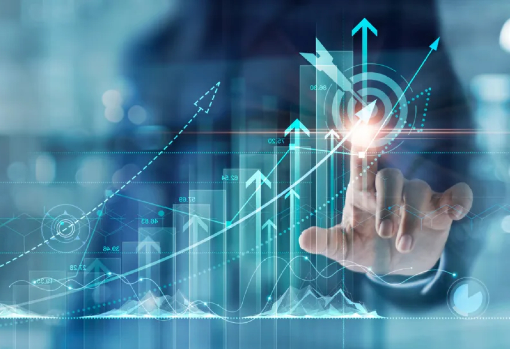 Professional analyzing a technology roadmap and business growth strategy on a high-tech data visualization dashboard.