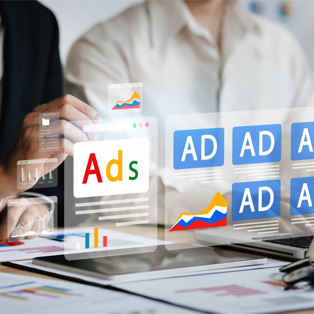 A person interacting with a tablet displaying digital advertising interfaces, including multiple “Ad” panels, analytics charts, and performance graphs, representing online marketing and ad campaign management.