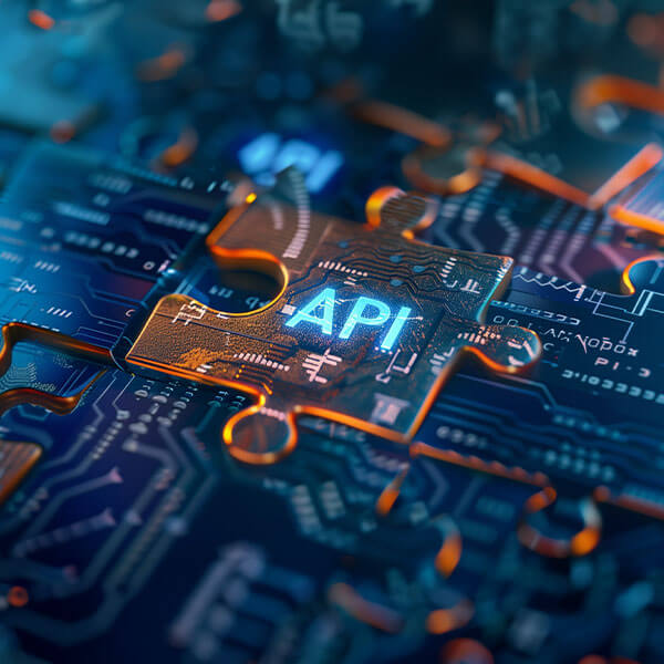 Application Programming Interface (API) integration concept shown as a glowing puzzle piece on a high-tech circuit board.