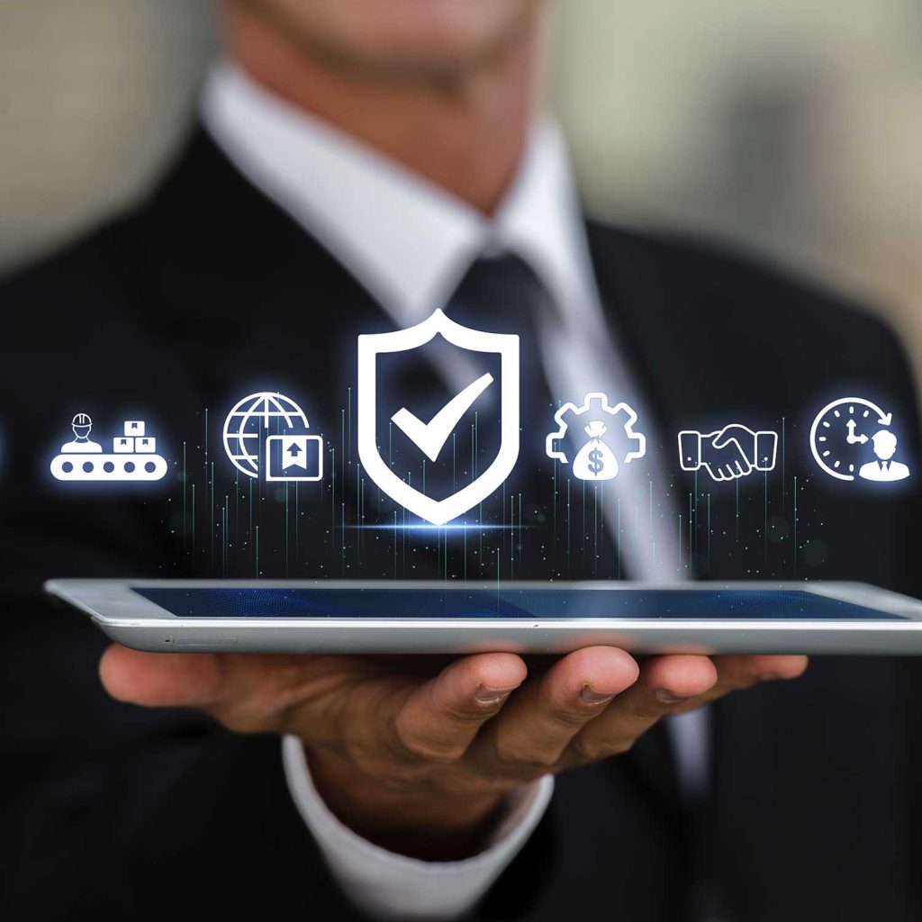 Business professional conducting a digital audit using a tablet to monitor supply chain, financial compliance, and operational efficiency.