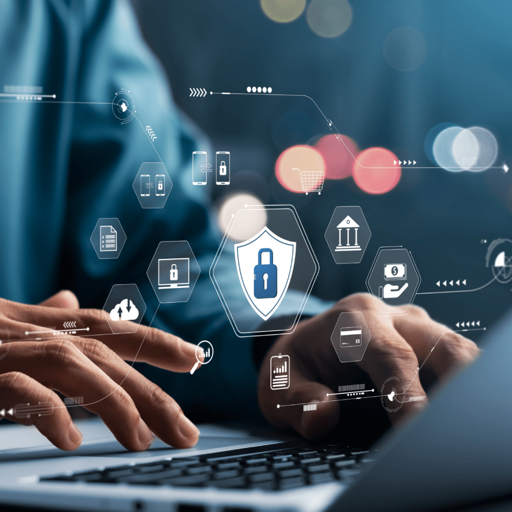 Cybersecurity professional implementing data protection and secure online banking protocols on a laptop.