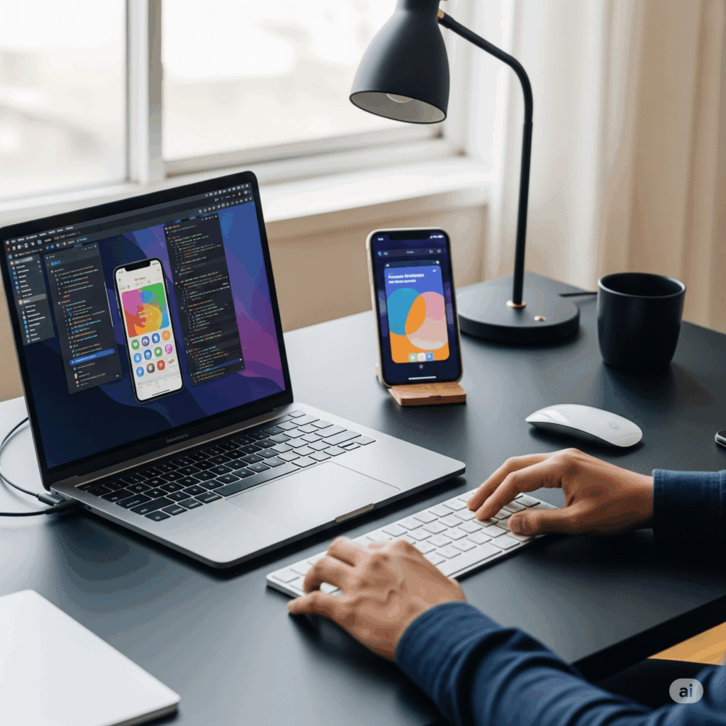 Professional iOS app development workspace showing mobile UI design and code on a laptop screen.