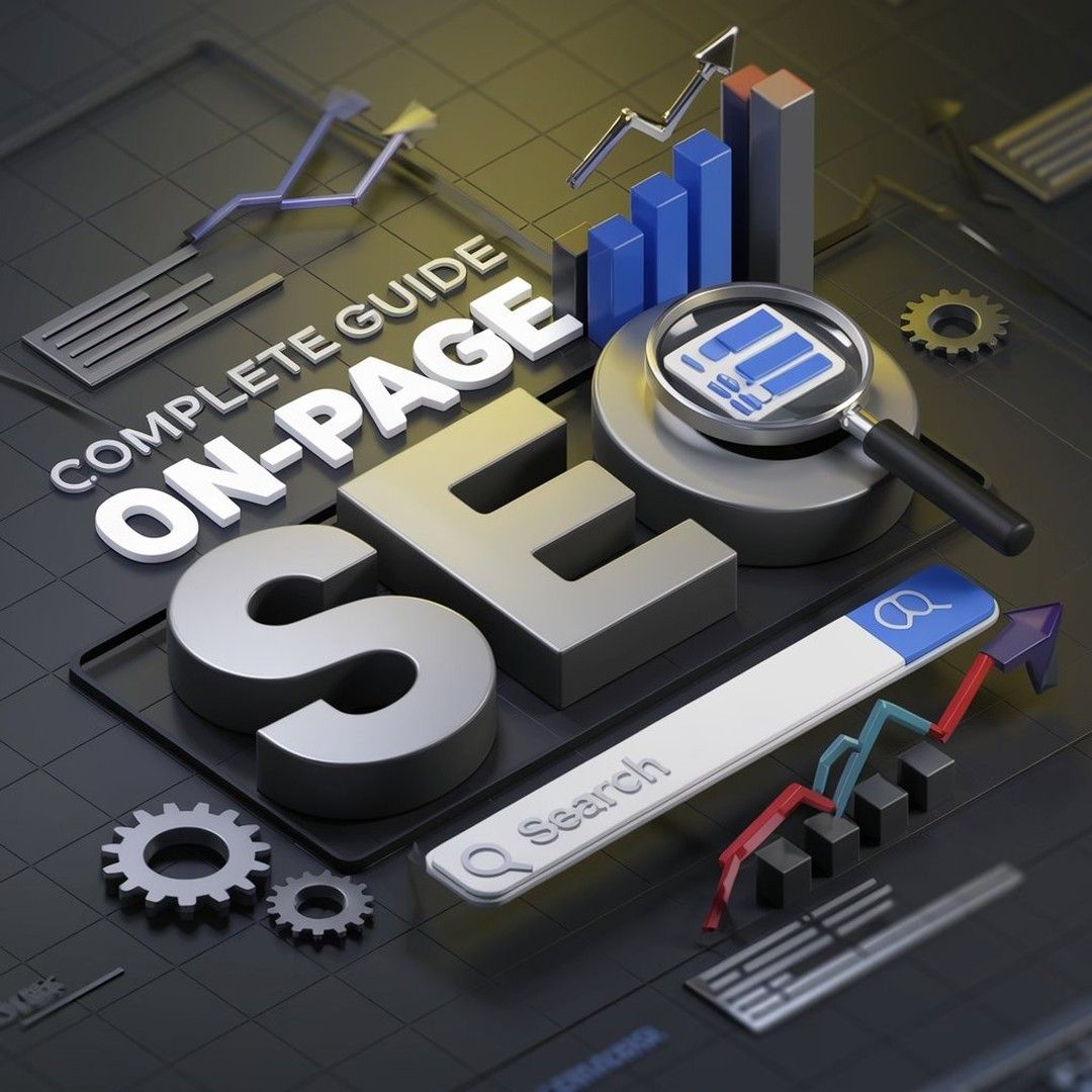 Visual representation of an On-Page SEO strategy guide featuring keyword optimization, search engine analytics, and website ranking growth metrics.